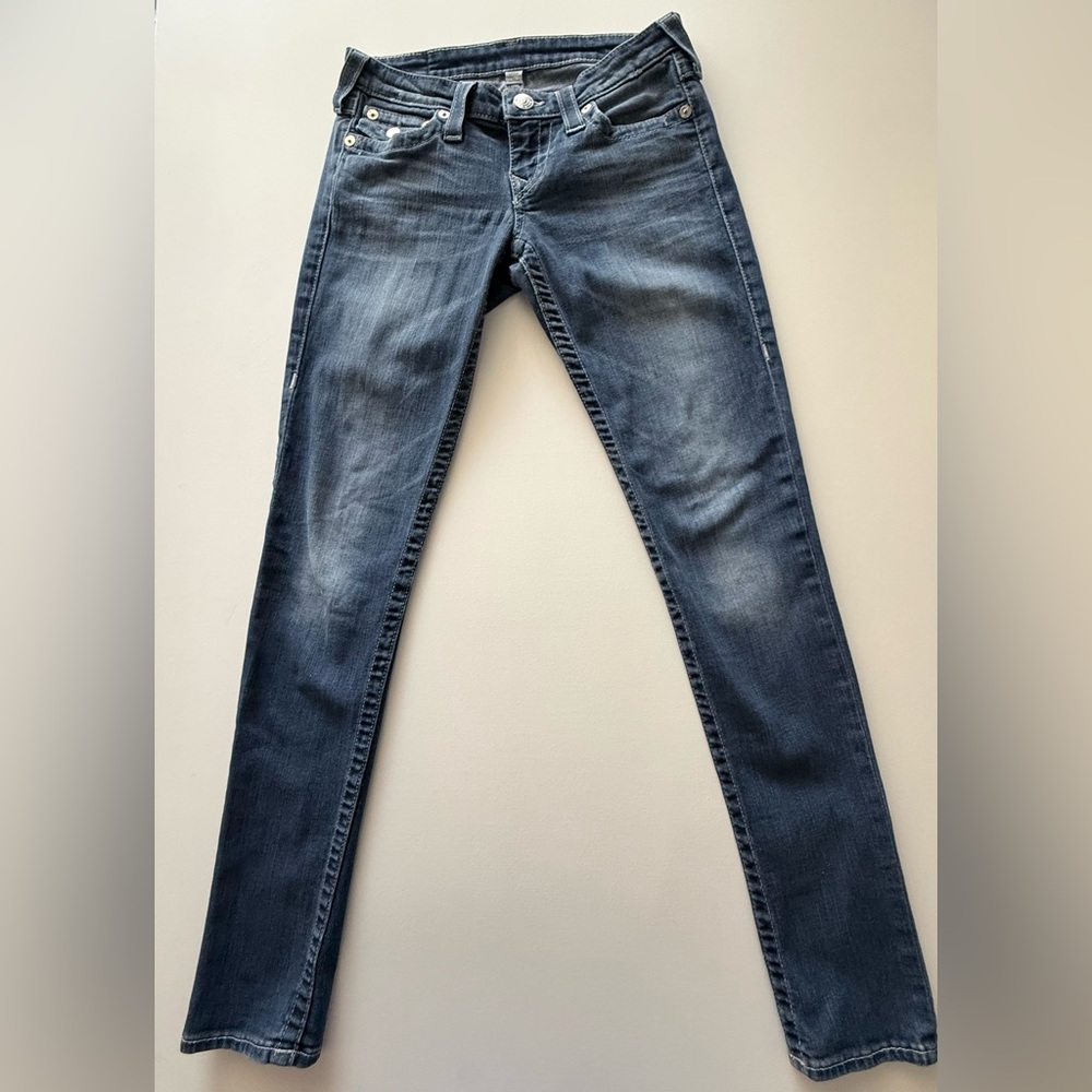 True Religion Skinny Jeans sz 6 waist 27 Rhinestone Flap Pockets Blue Wash